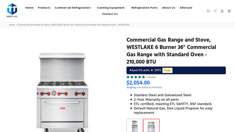 Commercial Gas Range and Stove, WESTLAKE 6 Burner 36