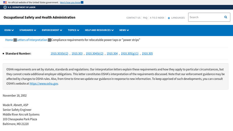 Compliance requirements for relocatable power taps or