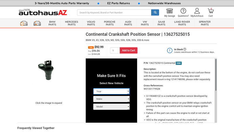 Continental 13627525015, S119044012Z Crankshaft Position Sensor