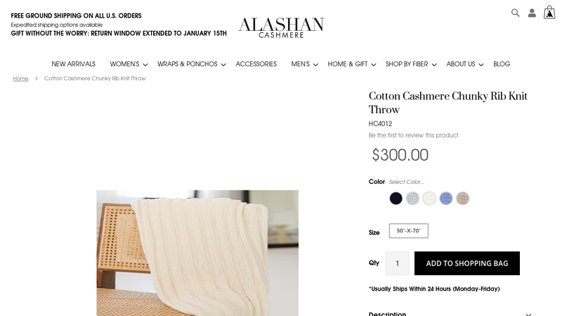 Cotton Cashmere Chunky Rib Knit Throw