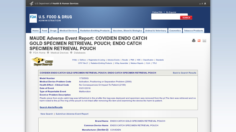 COVIDIEN ENDO CATCH GOLD SPECIMEN RETRIEVAL POUCH