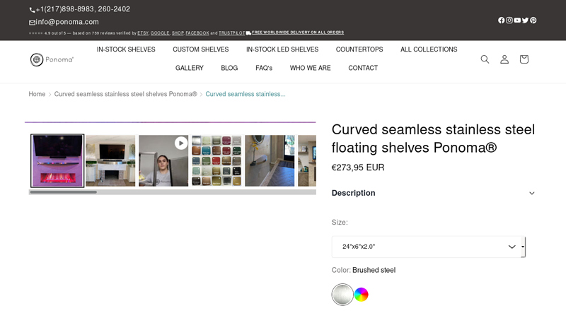 Curved seamless stainless steel floating shelves Ponoma