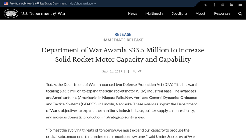 Department of War Awards $33.5 Million to Increase Solid Rocket ...