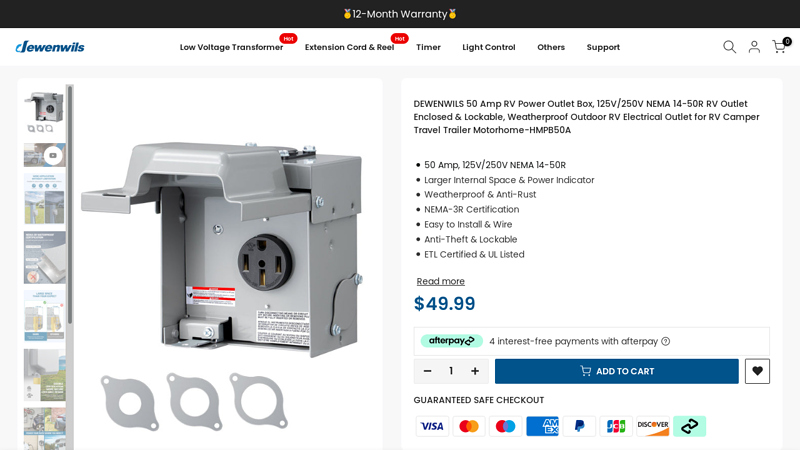 DEWENWILS 50 Amp RV Power Outlet Box, 125V/250V NEMA 14 ...