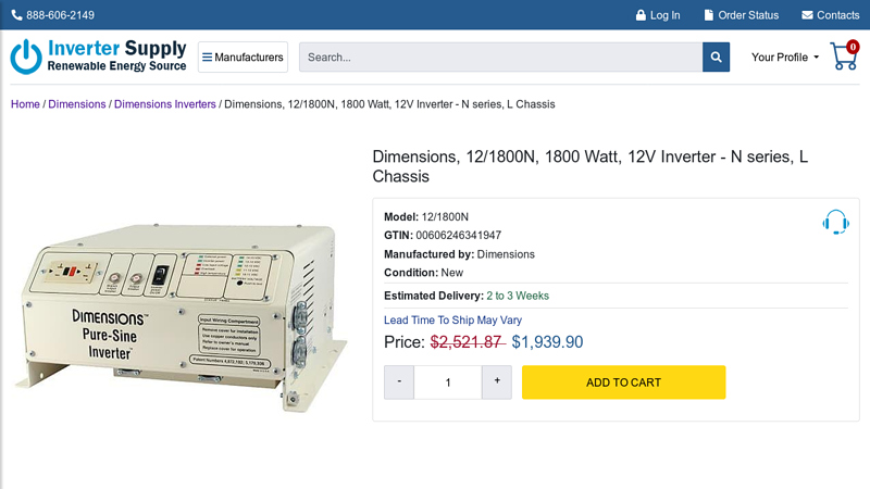 Dimensions, 12/1800N, 1800 Watt, 12V Inverter