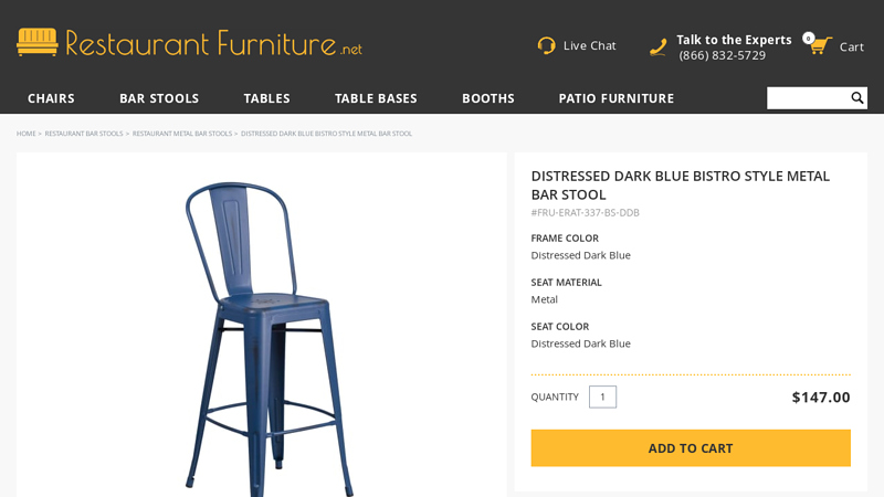Distressed Dark Blue Bistro Style Metal Bar Stool