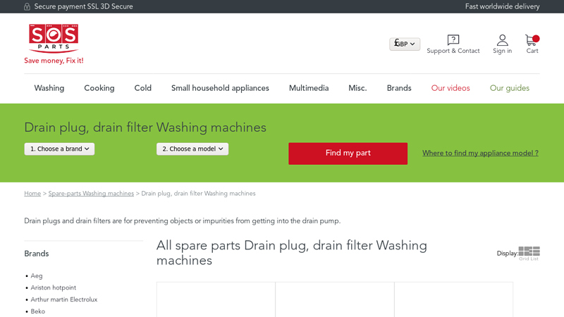 Drain plug, drain filter Washing machines