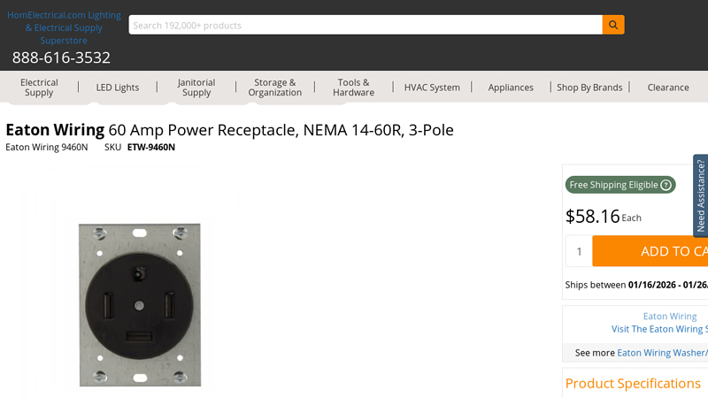 Eaton Wiring 60 Amp Power Receptacle, NEMA 14