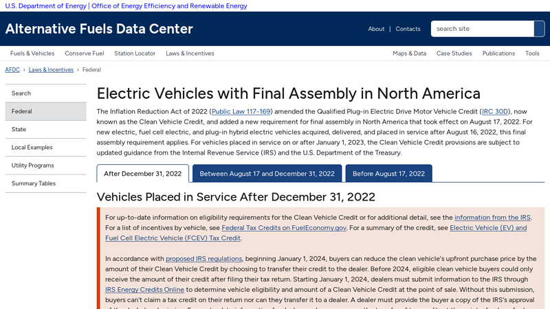 Electric Vehicles with Final Assembly in North America