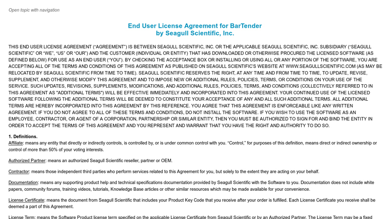 End User License Agreement for BarTender by Seagull Scientific, Inc.