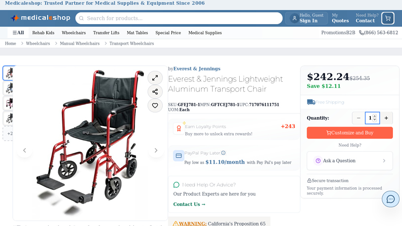 Everest & Jennings Lightweight Aluminum Transport Chair