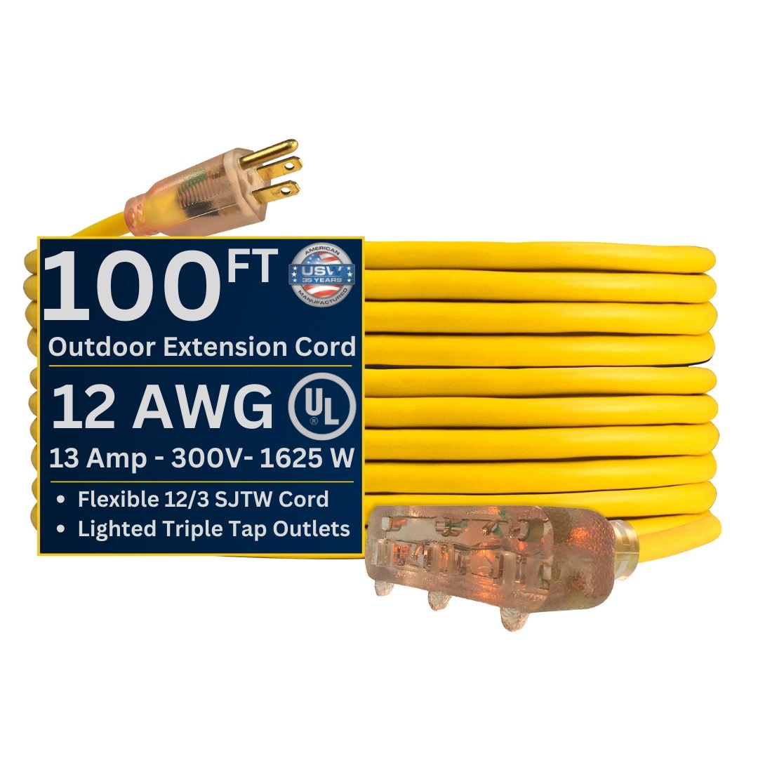 Extension Cord 100ft SJTW Yellow 12/3 Lighted End Triple Tap