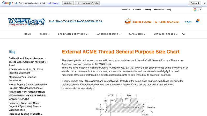 External ACME Thread General Purpose Size Chart