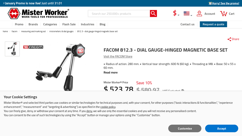 FACOM 812.3 Dial gauge-hinged magnetic base set