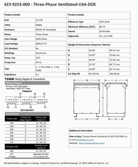 Factory New 112.5 KVA Step Up Dry Transformer 240 Delta 480Y ...