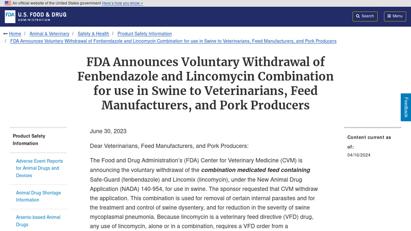 FDA Announces Withdrawal of Combination Drug for Use in Swine