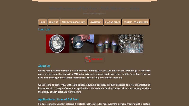 Gel Fuel / Dish warmer manufacturer