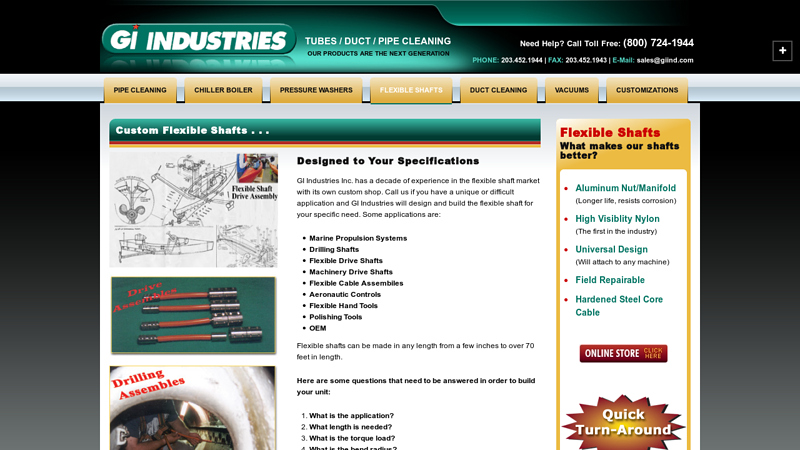 GI Industries Custom Flexible Shafts Available up to 200ft or 60 mtrs.
