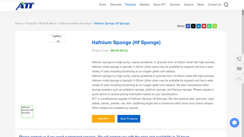 Hafnium Sponge (Hf Sponge) Manufacturer US