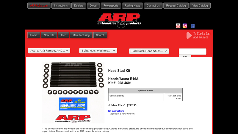 Head Stud Kit Honda/Acura B16A Kit #: 208