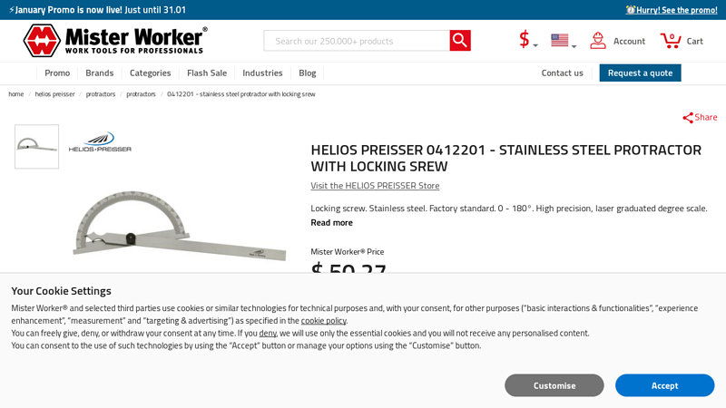 HELIOS PREISSER 0412201 Stainless steel protractor with locking ...