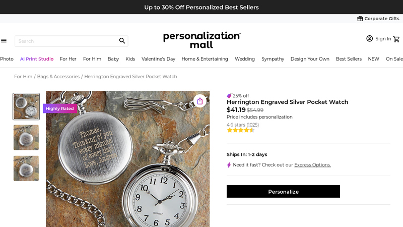Herrington Engraved Silver Pocket Watch