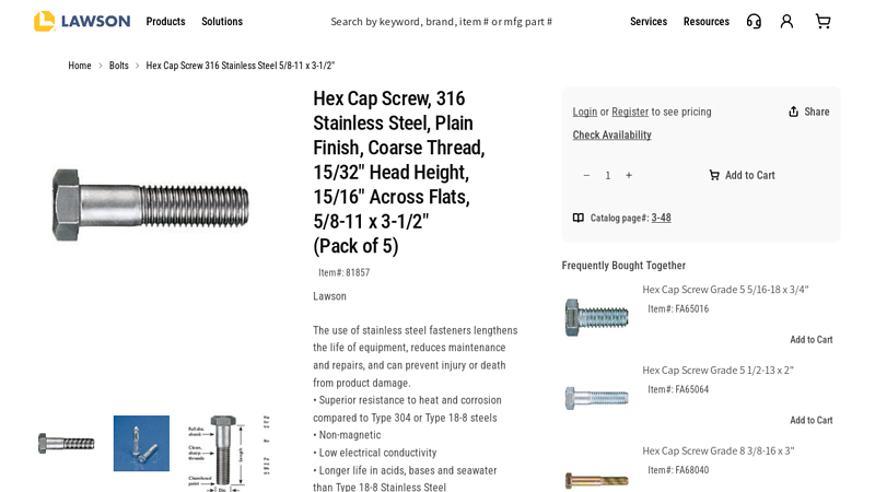 Hex Cap Screw 316 Stainless Steel 5/8
