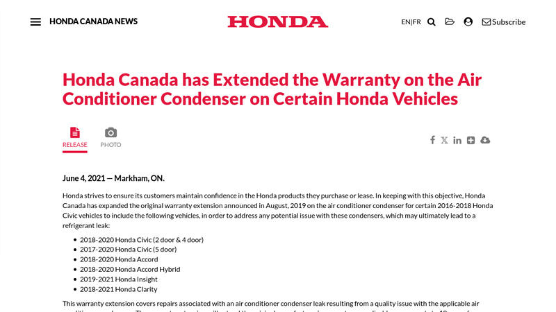 Honda Canada has Extended the Warranty on the Air Conditioner ...