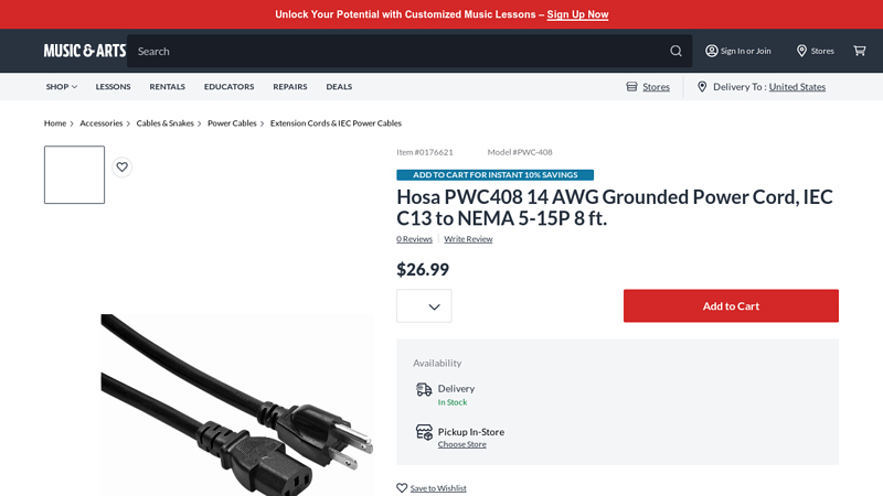 Hosa PWC408 14 AWG Grounded Power Cord, IEC C13 to NEMA 5 ...