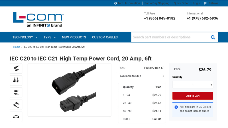 IEC C20 to IEC C21 High Temp Power Cord, 20 Amp, 6ft