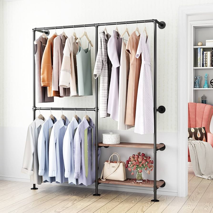 Industrial clothes racks made out of black iron waterpipes