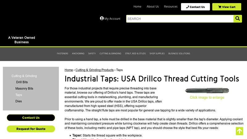 Industrial Taps: USA Drillco Thread Cutting Tools