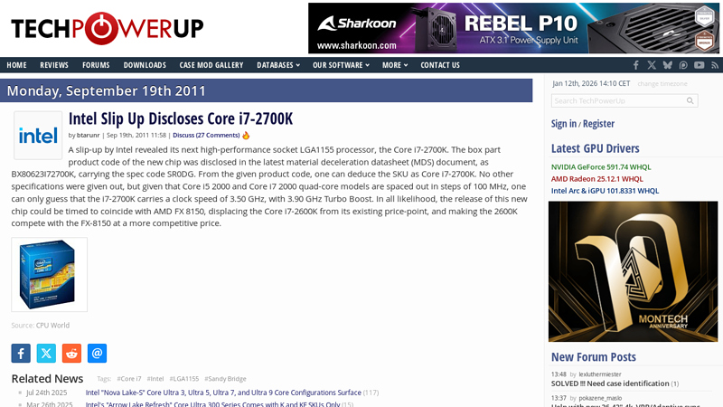Intel Slip Up Discloses Core i7-2700K