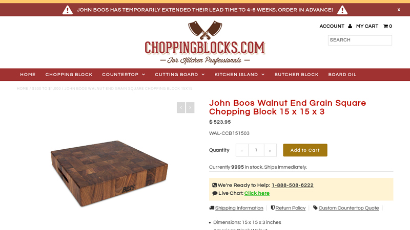 John Boos Walnut End Grain Square Chopping Block 15 x 15 x 3