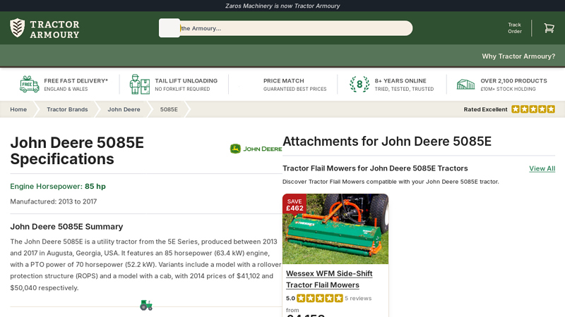 John Deere 5085E Tractor Specifications & Attachments