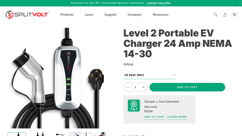 Level 2 Portable EV Charger 24 Amp NEMA 14