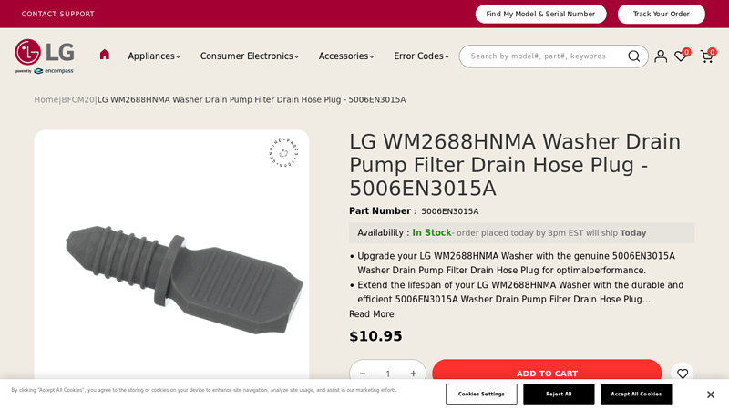 LG WM2688HNMA Washer Drain Pump Filter Drain Hose Plug