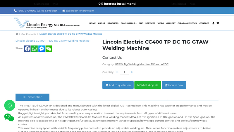 Lincoln Electric CC400 TP DC TIG GTAW Welding Machine