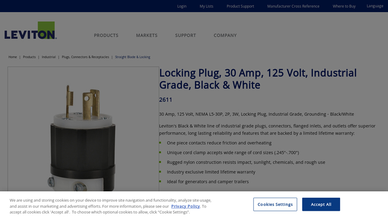 Locking Plug, 30 Amp, 125 Volt, Industrial Grade, Black & White