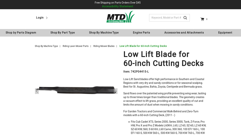 Low Lift Blade for 60-inch Cutting Decks - 742P04415-L