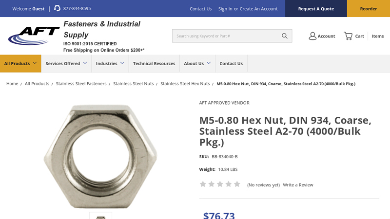 M5-0.80 DIN 934 Hex Nuts A2 Stainless Bulk