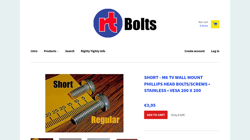 M6 TV Wall Mount Phillips Head Bolts/Screws • Stainless • VESA