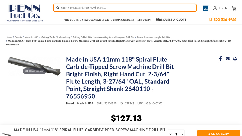 Made in USA 11mm 118° Spiral Flute Carbide