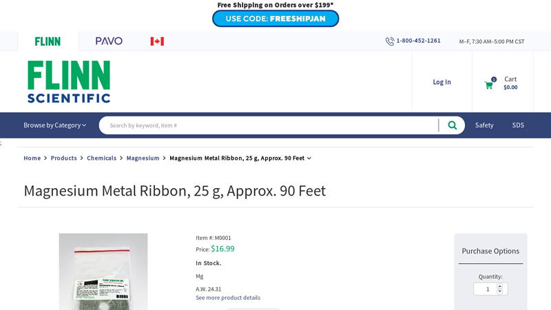 Magnesium Metal Ribbon, 25 g, Approx. 90 Feet