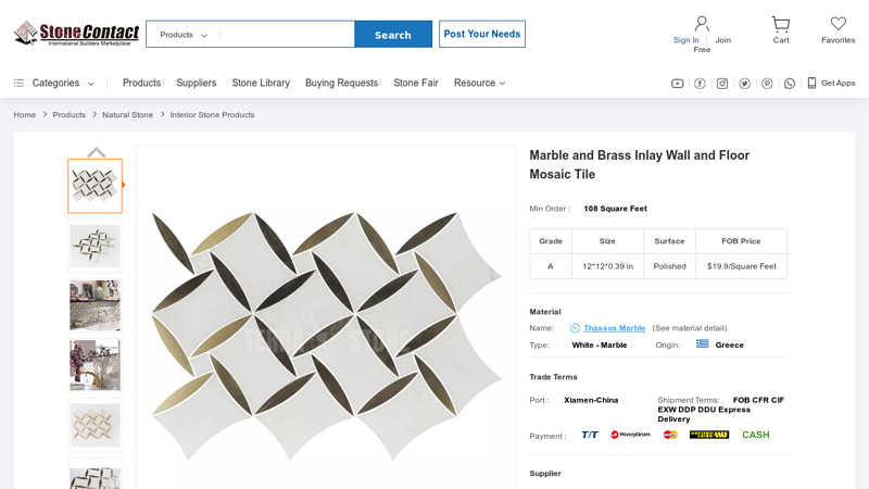 Marble And Brass Inlay Wall And Floor Mosaic Tile from China