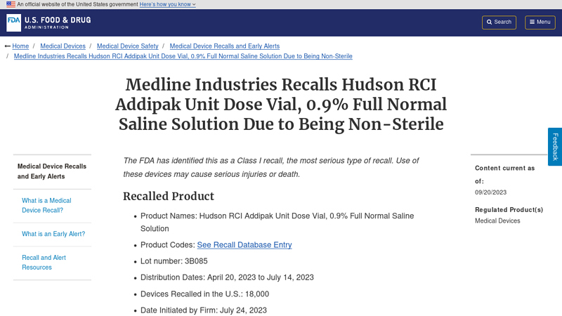 Medline Industries Recalls Hudson RCI Addipak Unit Dose Vial, 0.9 ...