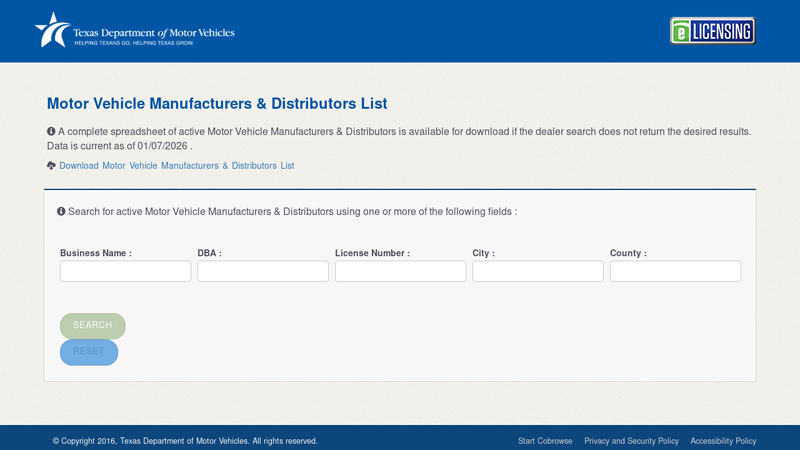 Motor Vehicle Manufacturers & Distributors List