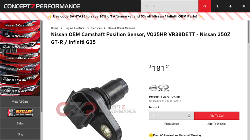Nissan OEM Camshaft Position Sensor, VQ35HR VR38DETT