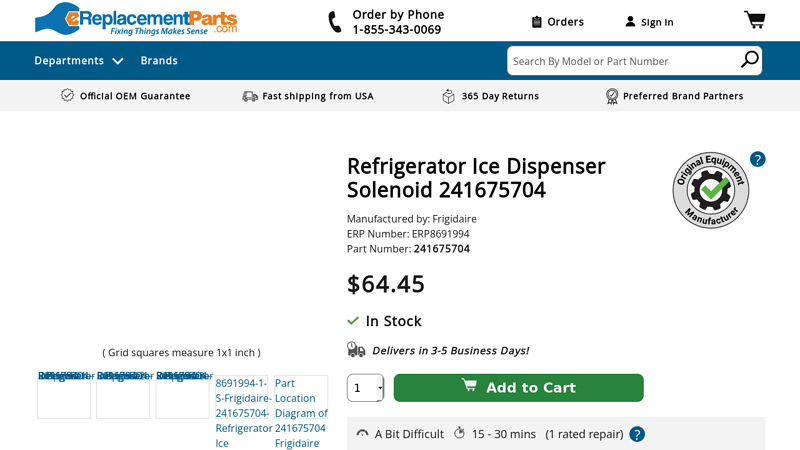 OEM Frigidaire 241675704 Refrigerator Ice Dispenser Solenoid