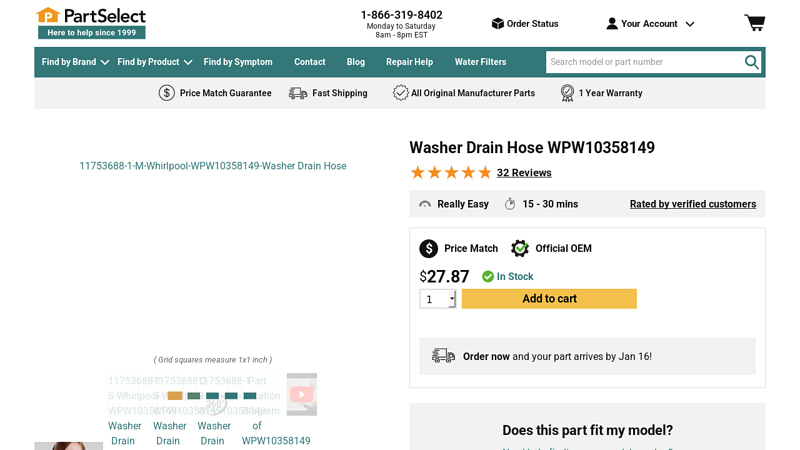 Official Whirlpool WPW10358149 Washer Drain Hose